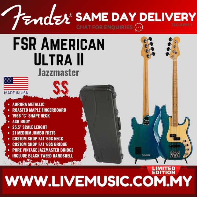 Aurora metallic Precision bass guitar with roasted maple fretboard and protective hard case