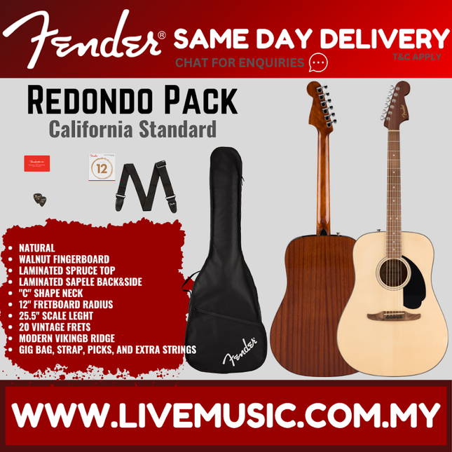 Fender Redondo acoustic guitar pack: natural guitar, black pickguard, and black gig bag.