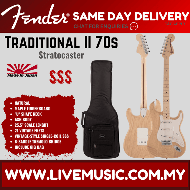 Fender Japan Traditional II 70s Stratocaster Electric Guitar, Maple Fretboard with Gig Bag - Natural