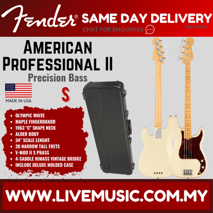 Fender American Professional II Precision Bass Electric Guitar, Maple Fretboard - Olympic White