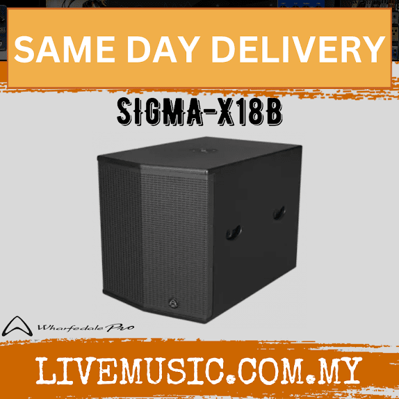 Black powered subwoofer speaker cabinet with front grille and side handle openings