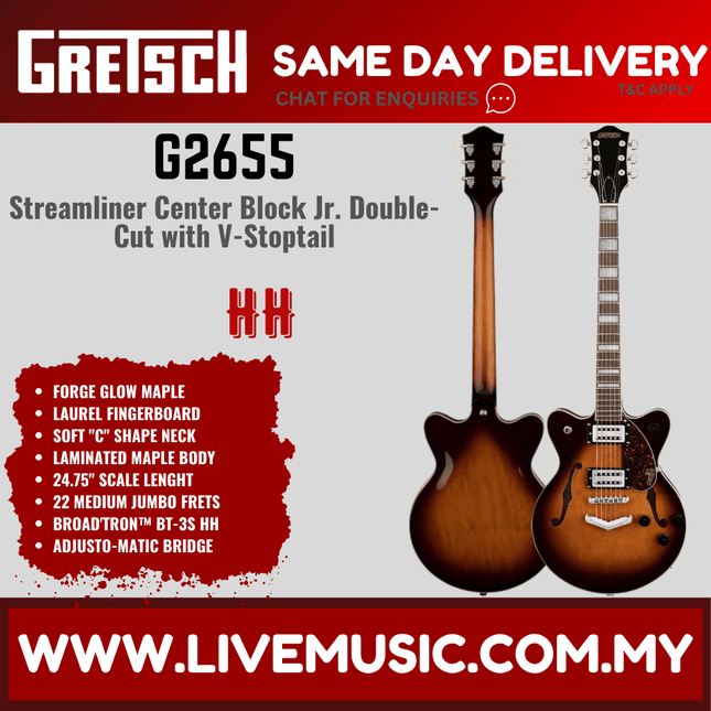 Gretsch G2655 Streamliner Center Block Jr Double-Cut Electric Guitar w/V-Stoptail, Forge Glow Maple