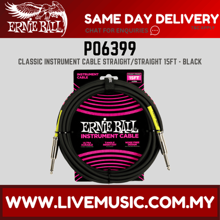 Ernie Ball 6399 Pvc Straight to Straight Instrument Cable, Black, 15ft