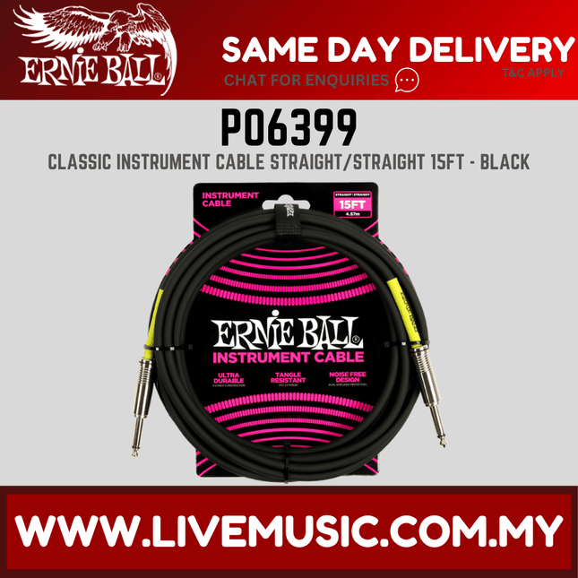 Ernie Ball 6399 Pvc Straight to Straight Instrument Cable, Black, 15ft