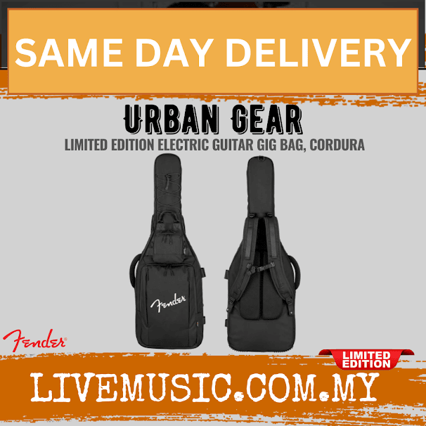 Black Cordura electric guitar gig bag with Fender logo, front and back views