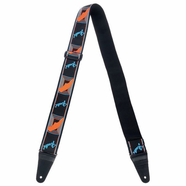 Neon monogram guitar strap, blue webbing with orange squares, black adjustment ends