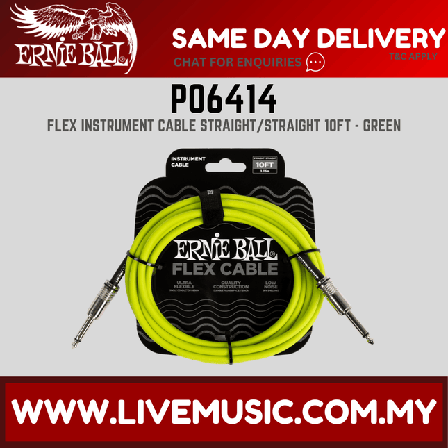 Ernie Ball P06414 Flex Straight to Straight 10 Ft Instrument Cable (Green)