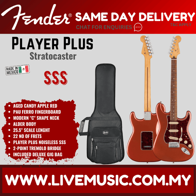 Fender Player Plus Stratocaster Electric Guitar, Pau Ferro Fretboard - Aged Candy Apple Red