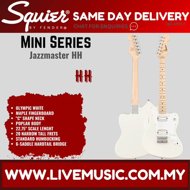 Squier Mini Jazzmaster HH Electric Guitar, Maple Fretboard - Olympic White