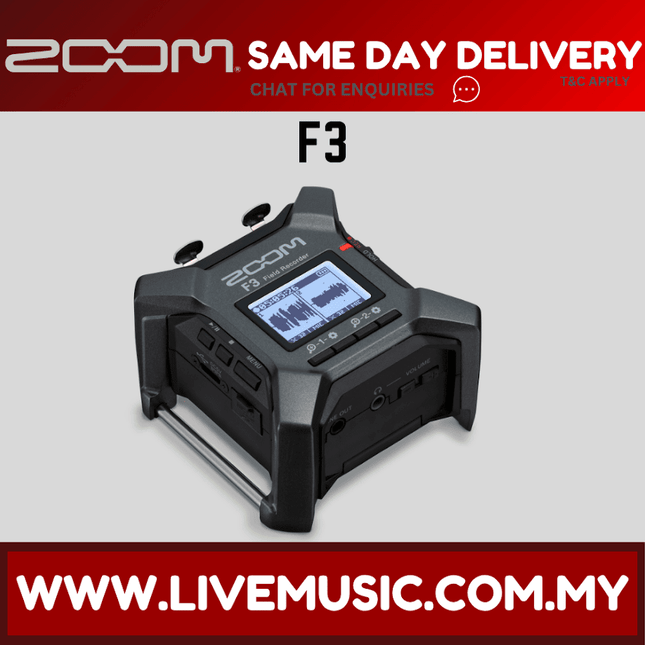 Zoom F3 2-input field recorder with LCD screen and side controls, black