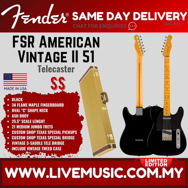 Fender FSR American Vintage II 51 Telecaster Electric Guitar, Maple FB, Black