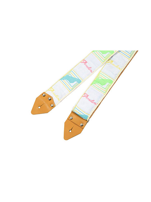 White Fender guitar strap with blue/green pastel stripe pattern and tan end tabs
