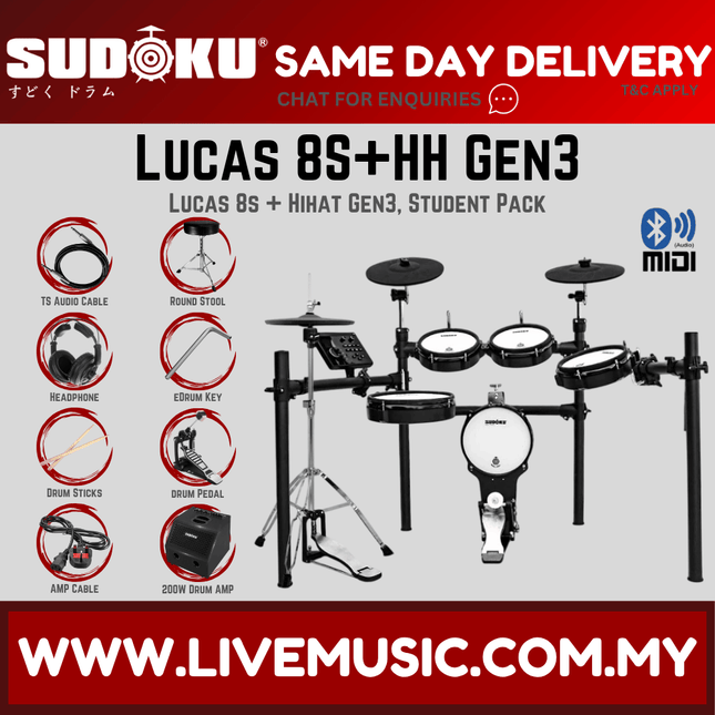Sudoku Lucas 8S Gen3 Series Full Mesh Electronic Drum w/Drumsticks, Headphone, Pedals ( Lucas-8s / Lucas8s )