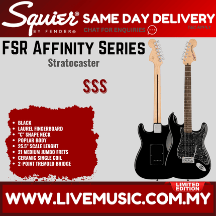 Squier FSR Affinity Series Stratocaster Electric Guitar w/Black Pearloid Pickguard, Laurel FB, Black