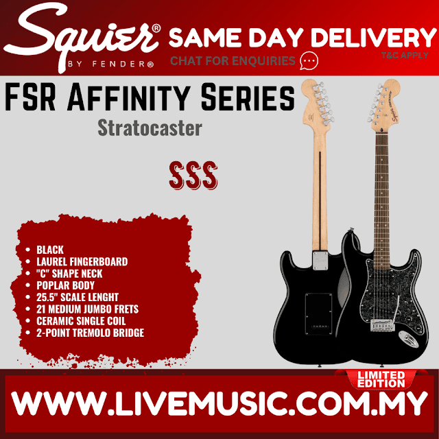 Squier FSR Affinity Series Stratocaster Electric Guitar w/Black Pearloid Pickguard, Laurel FB, Black