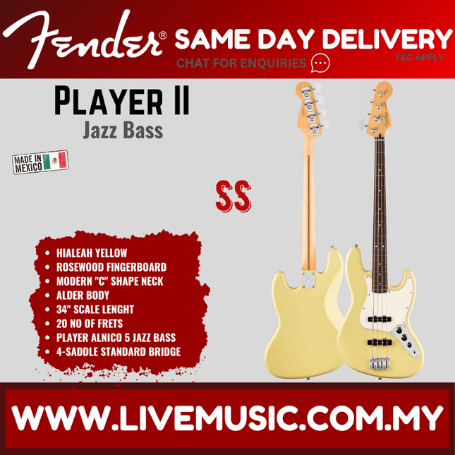 Fender Player II Jazz Bass guitar, Hialeah Yellow body, dark fretboard