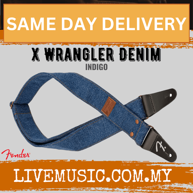 Indigo denim guitar strap with brown leather patch and black ends