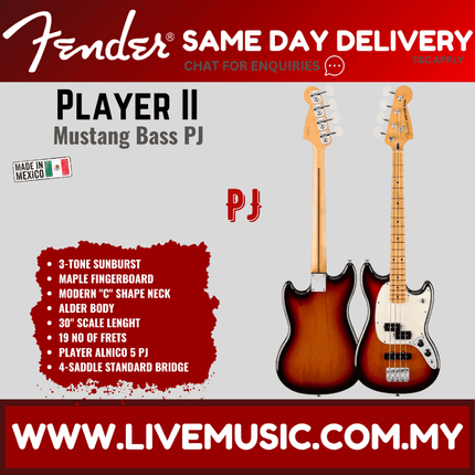 Fender Player II Mustang Bass PJ Guitar, Maple FB, Polar White / 3-Tone Sunburst
