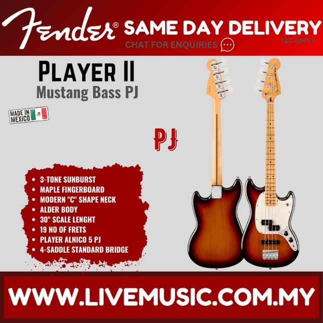 Fender Player II Mustang Bass PJ Guitar, Maple FB, Polar White / 3-Tone Sunburst