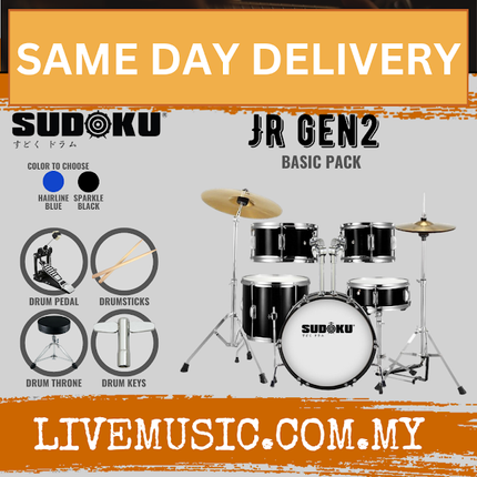 Sudoku JR Gen2 Junior Acoustic Drum Set Kit with Cymbals, Single Pedal & Accessories - Blue/Black (JRGen2)