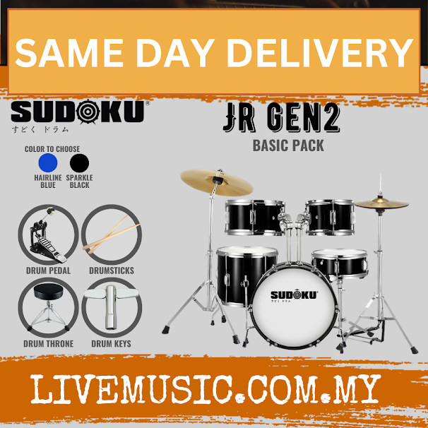 Sudoku JR Gen2 Junior Acoustic Drum Set Kit with Cymbals, Single Pedal & Accessories - Blue/Black (JRGen2)