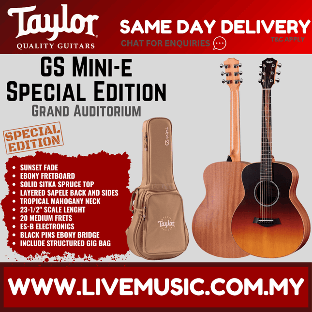 Sunset fade acoustic guitar with gig bag, Taylor GS Mini-E Special Edition.