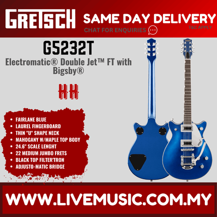 Gretsch G5232T Electromatic Double Jet FT Electric Guitar w/Bigsby, Laurel FB, Fairlane Blue