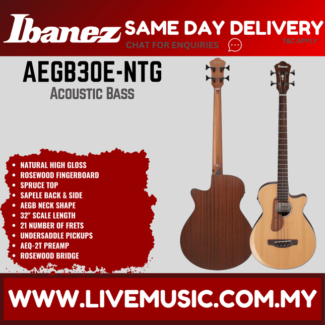 Ibanez AEGB30E-NTG Aeg Series Acoustic Electric Bass, Natural High Gloss ( AEGB30E NTG / AEGB30ENTG )