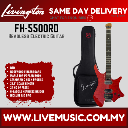 Livingston FH-5500 6-String Headless Electric Guitar, RW Fretboard / Maple Fretboard - ( FH5500 FH 5500 )