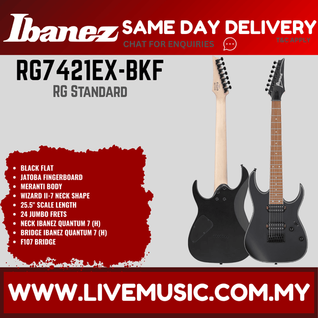 Ibanez RG7421EX-BKF RG Standard Series 7 String Electric Guitar, Black Flat (RG7421EXBKF/RG7421EX BKF)