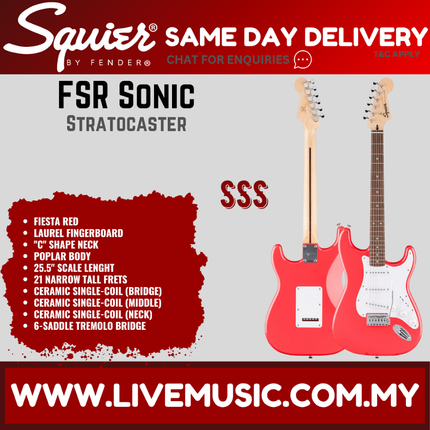 Squier FSR Sonic Stratocaster Electric Guitar w/White Pickguard, Laurel FB, Fiesta Red