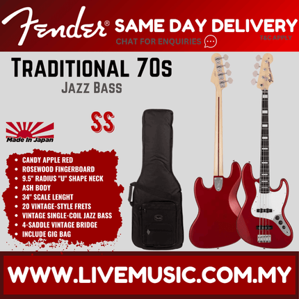 Fender Japan Traditional 70s Jazz Bass Guitar, RW FB, Candy Apple Red