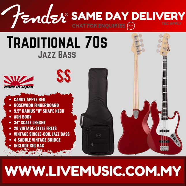 Candy Apple Red 70s Jazz Bass guitar with black gig bag