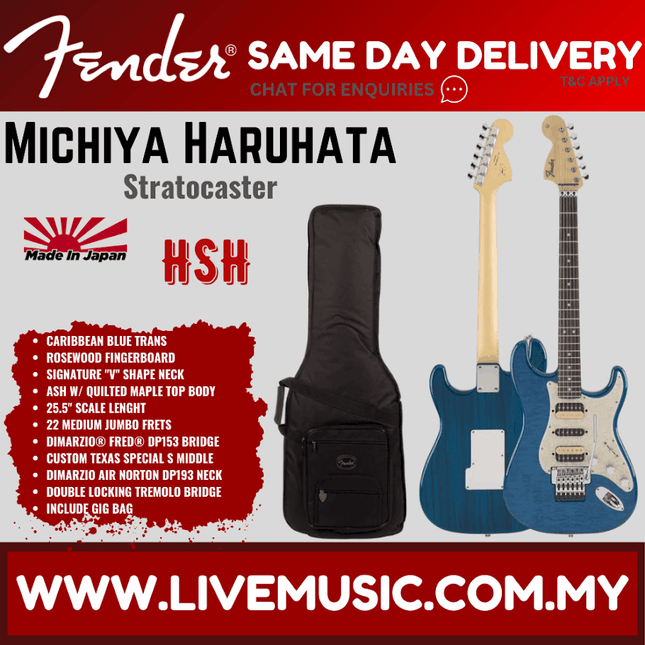 Fender Michiya Haruhata Stratocaster Electric Guitar, RW FB, Caribbean Blue Trans