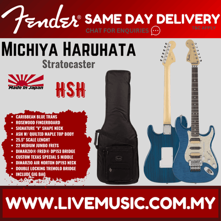 Fender Michiya Haruhata Stratocaster Electric Guitar, RW FB, Caribbean Blue Trans