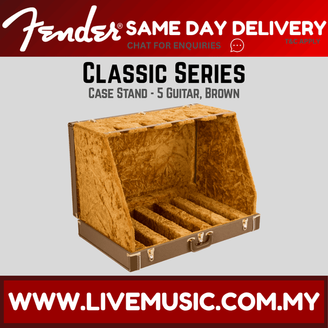 Fender brown 5-guitar case stand with padded slots and metal latches