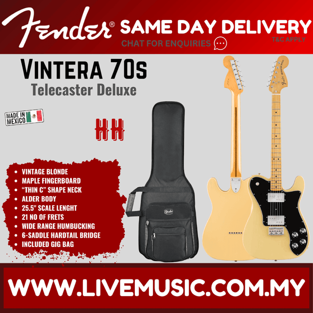 Fender Vintera 70s Telecaster Deluxe Electric Guitar, Maple Fretboard with Gig Bag - Vintage Blonde