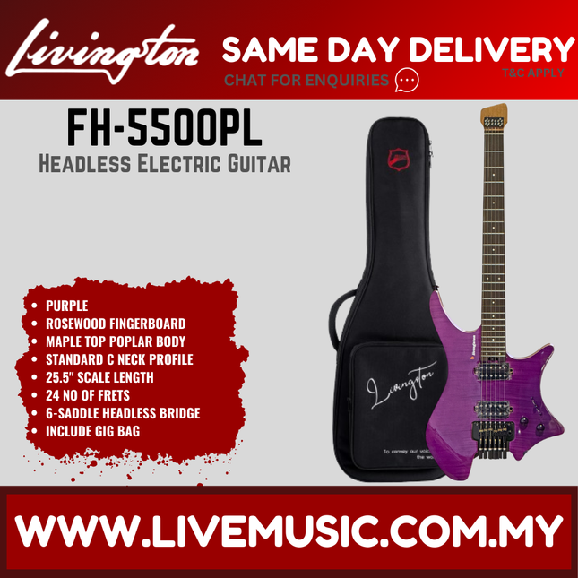 Livingston FH-5500 6-String Headless Electric Guitar, RW Fretboard / Maple Fretboard -Purple ( FH5500 FH 5500 )