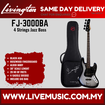 Livingston JB-3000 4-String Jazz Bass Guitar, Rosewood Fretboard, w/Gig Bag ( JB 3000 JB3000 / FJ 3000 FJ3000 )