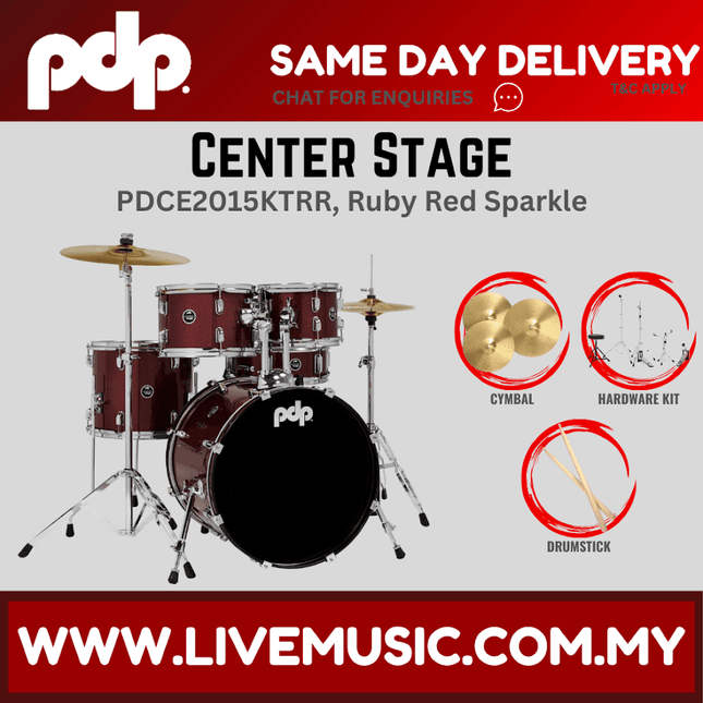 PDP Center Stage 5-piece Complete Drum Set with Hardware, Stool and Cymbal - Ruby Red Sparkle ( PDCE2015KT )