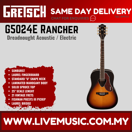 Gretsch G5024E Rancher Dreadnought Acoustic Electric Guitar, RW FB, Sunburst