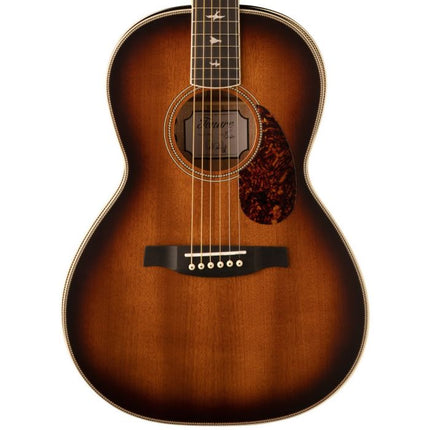 Tobacco sunburst acoustic guitar front close-up with rosette and tortoiseshell pickguard