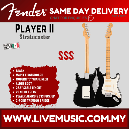 Fender Player II Stratocaster Electric Guitar, Maple FB, Black / Hialeah Yellow / Aquatone Blue / Polar White