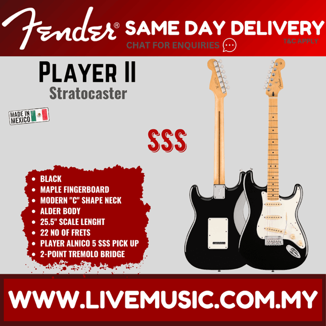 Fender Player II Stratocaster Electric Guitar, Maple FB, Black / Hialeah Yellow / Aquatone Blue / Polar White
