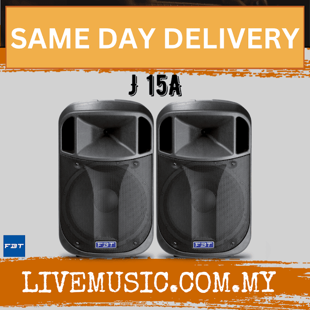 FBT J15A active speaker pair, two black 2-way cabinets with front grilles