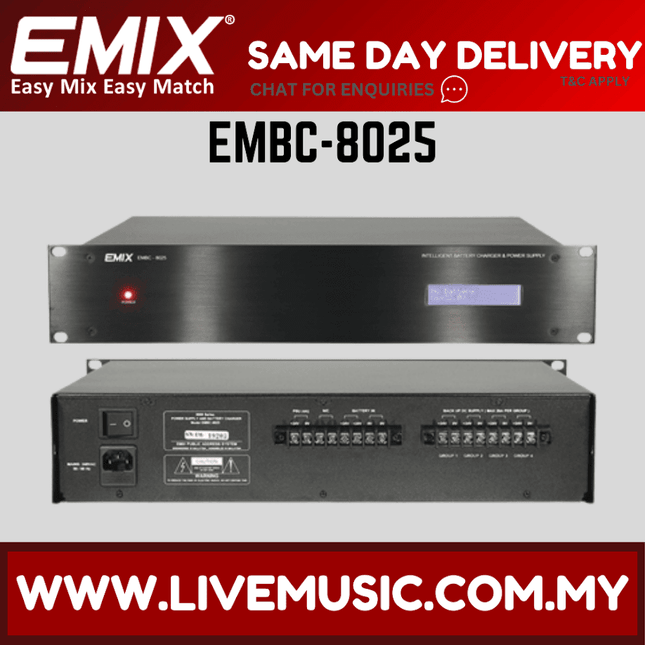 EMIX EMBC-8025 battery charger and 24VDC power supply, black front with LEDs
