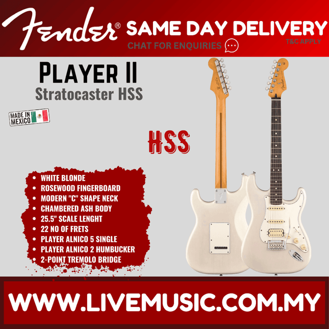 Fender Player II Stratocaster HSS Electric Guitar, RW FB, White Blonde / Transparent Cherry Burst