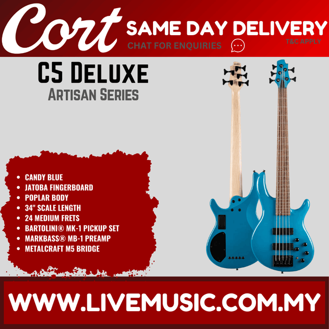 Cort C5 Deluxe Electric Bass Guitar-Candy Blue (C5DLXCBL/C5-DLX-CBL)