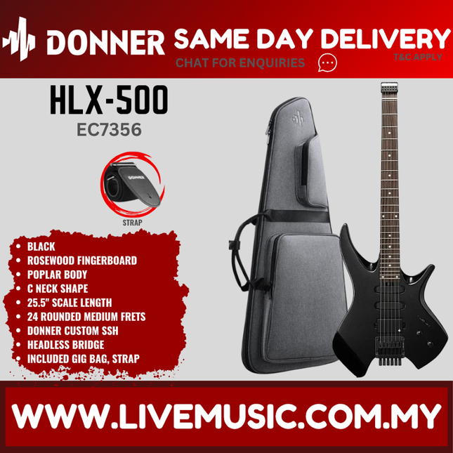 Donner EC7356 HLX-500 Headless Electric Guitar w/Gigbag, Rosewood Fingerboard, Black ( HLX500 / HLX5000 )