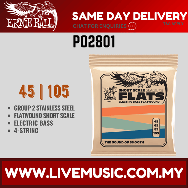 Ernie Ball P02801 Flatwound Group 2 Short Scale Electric Bass Strings, 45-105 Gauge